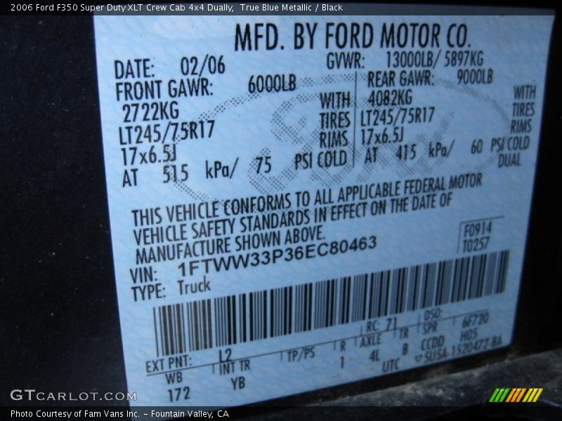 True Blue Metallic / Black 2006 Ford F350 Super Duty XLT Crew Cab 4x4 Dually