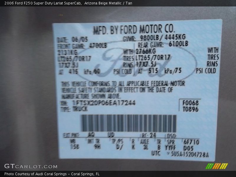 2006 F250 Super Duty Lariat SuperCab Arizona Beige Metallic Color Code AQ