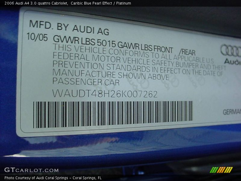 Caribic Blue Pearl Effect / Platinum 2006 Audi A4 3.0 quattro Cabriolet