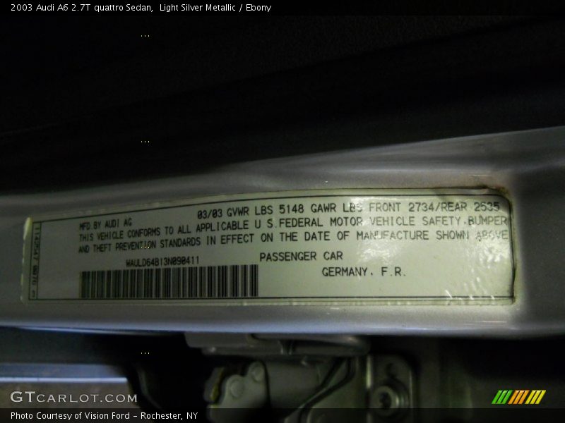 Light Silver Metallic / Ebony 2003 Audi A6 2.7T quattro Sedan
