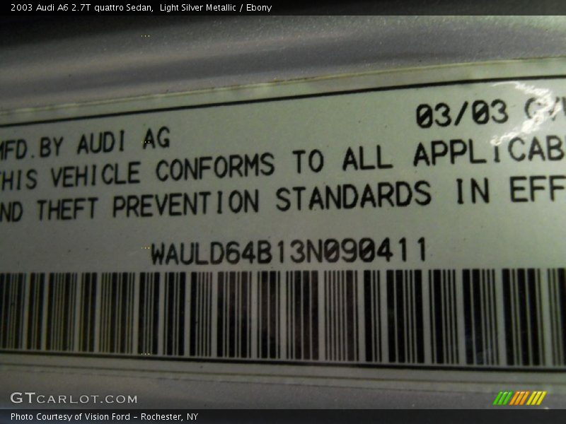 Light Silver Metallic / Ebony 2003 Audi A6 2.7T quattro Sedan