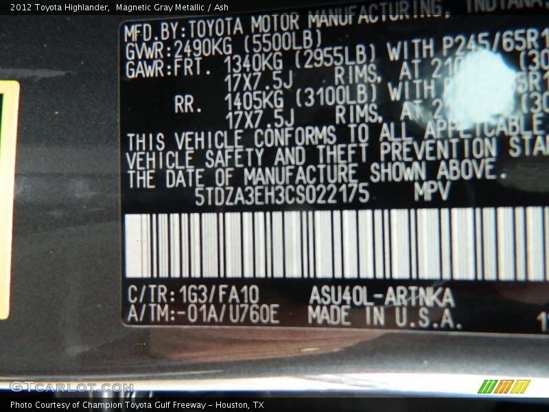 Magnetic Gray Metallic / Ash 2012 Toyota Highlander