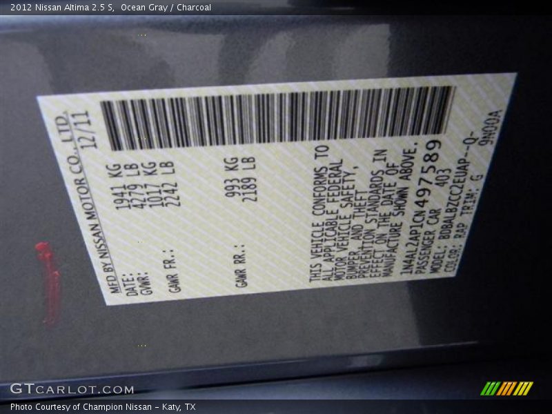 Ocean Gray / Charcoal 2012 Nissan Altima 2.5 S