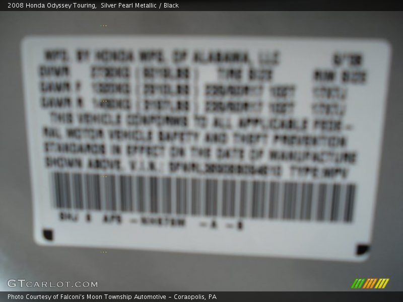 Silver Pearl Metallic / Black 2008 Honda Odyssey Touring