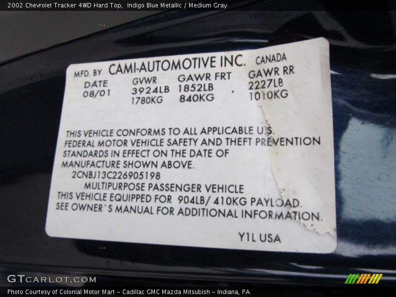 Indigo Blue Metallic / Medium Gray 2002 Chevrolet Tracker 4WD Hard Top