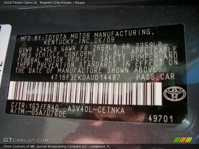 Magnetic Gray Metallic / Bisque 2010 Toyota Camry LE