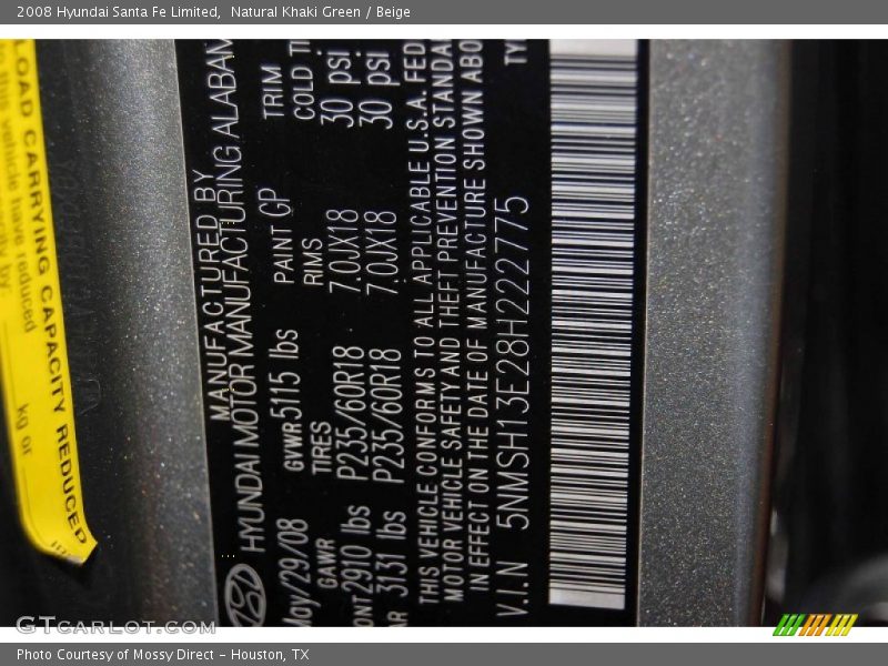Natural Khaki Green / Beige 2008 Hyundai Santa Fe Limited