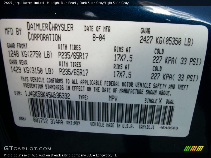 Midnight Blue Pearl / Dark Slate Gray/Light Slate Gray 2005 Jeep Liberty Limited