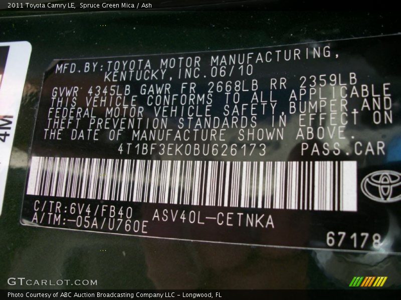 Spruce Green Mica / Ash 2011 Toyota Camry LE