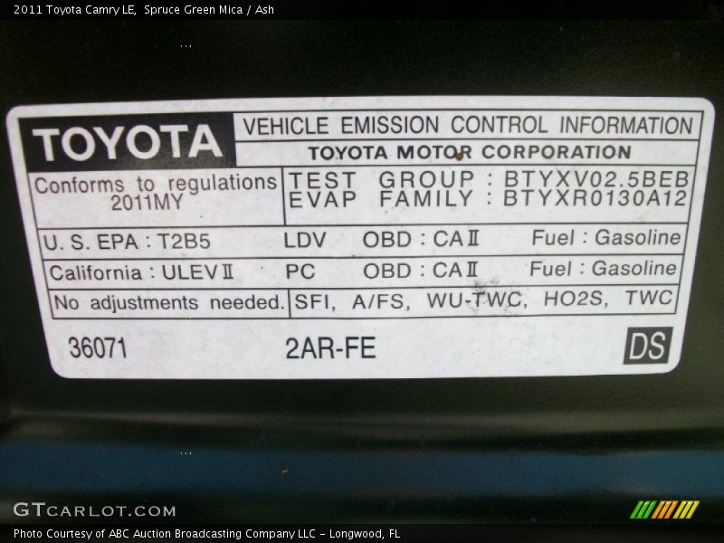 Spruce Green Mica / Ash 2011 Toyota Camry LE