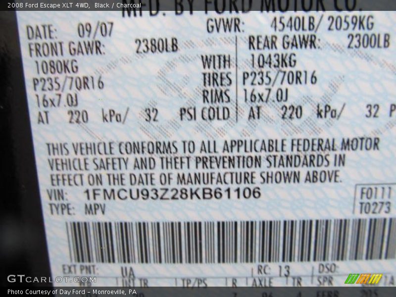 Black / Charcoal 2008 Ford Escape XLT 4WD