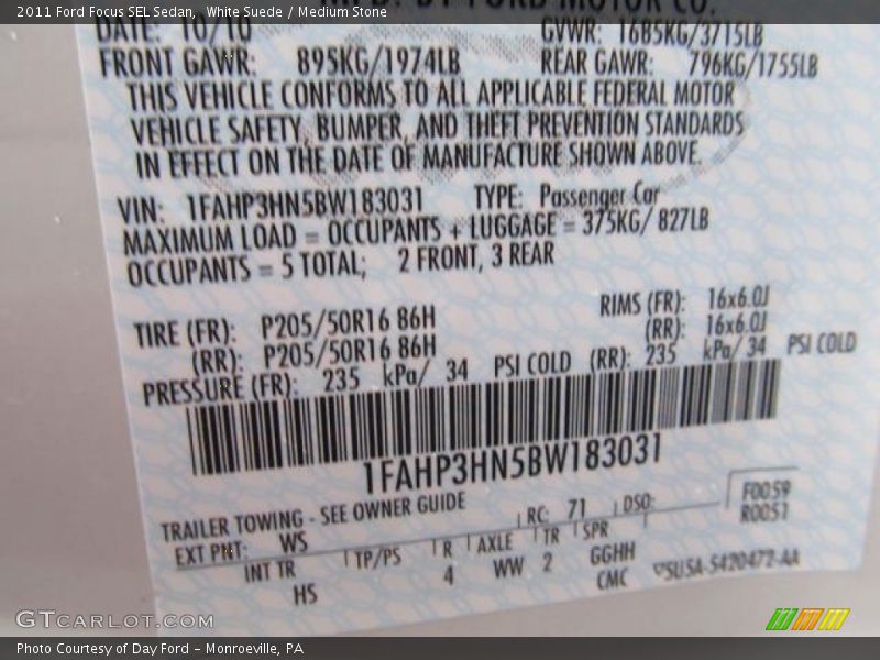 2011 Focus SEL Sedan White Suede Color Code WS