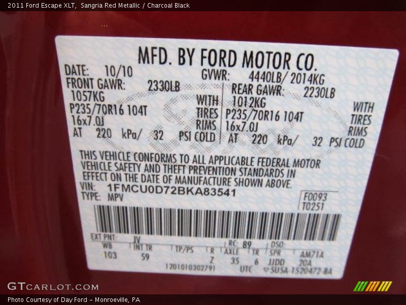 Sangria Red Metallic / Charcoal Black 2011 Ford Escape XLT