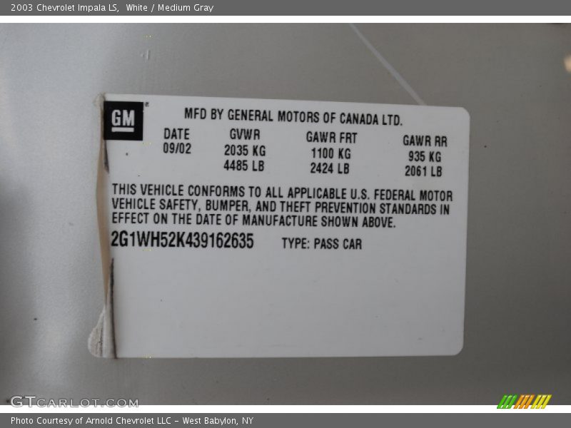 White / Medium Gray 2003 Chevrolet Impala LS