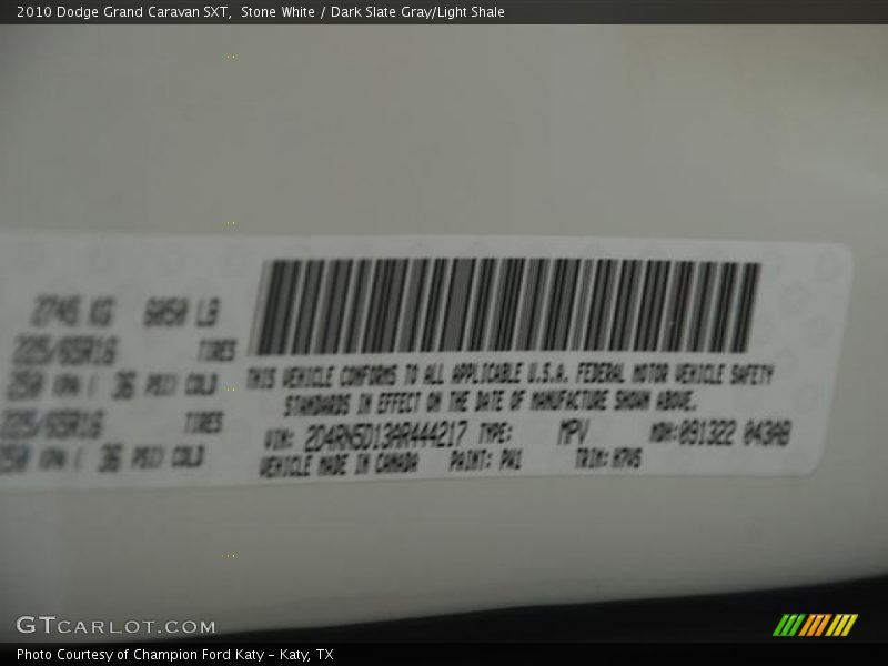 Stone White / Dark Slate Gray/Light Shale 2010 Dodge Grand Caravan SXT