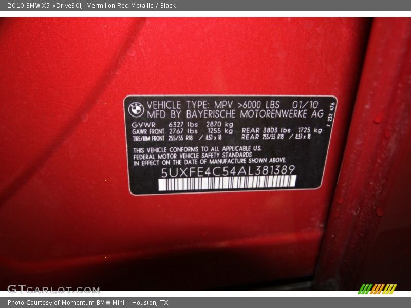 Vermilion Red Metallic / Black 2010 BMW X5 xDrive30i