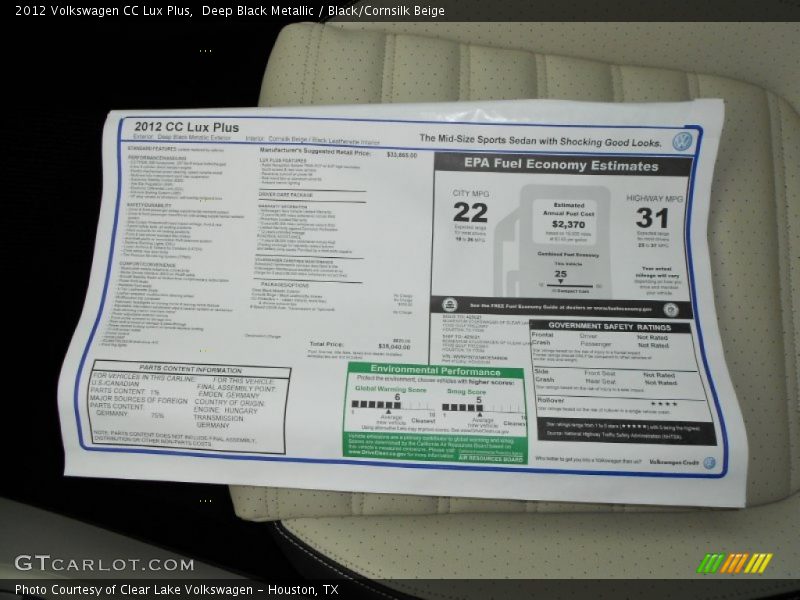 Deep Black Metallic / Black/Cornsilk Beige 2012 Volkswagen CC Lux Plus