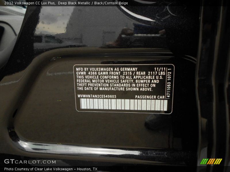 Deep Black Metallic / Black/Cornsilk Beige 2012 Volkswagen CC Lux Plus
