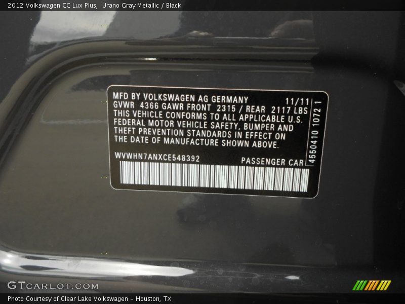 Urano Gray Metallic / Black 2012 Volkswagen CC Lux Plus