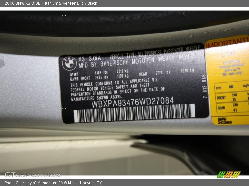 Titanium Silver Metallic / Black 2006 BMW X3 3.0i