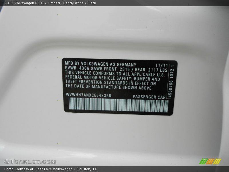 Candy White / Black 2012 Volkswagen CC Lux Limited