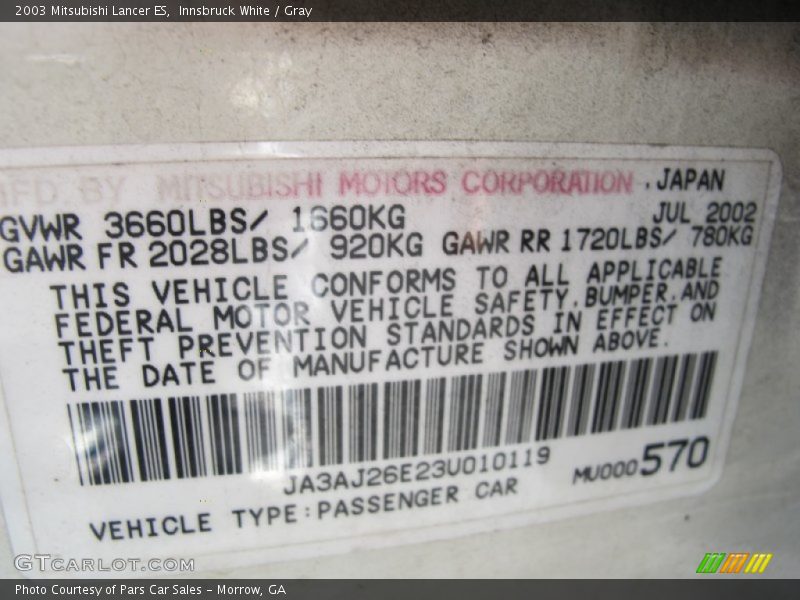 Innsbruck White / Gray 2003 Mitsubishi Lancer ES