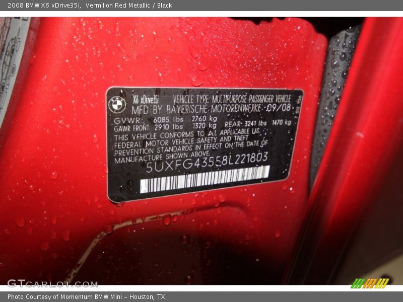 Vermilion Red Metallic / Black 2008 BMW X6 xDrive35i