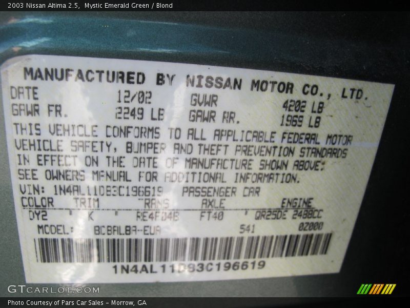 Mystic Emerald Green / Blond 2003 Nissan Altima 2.5