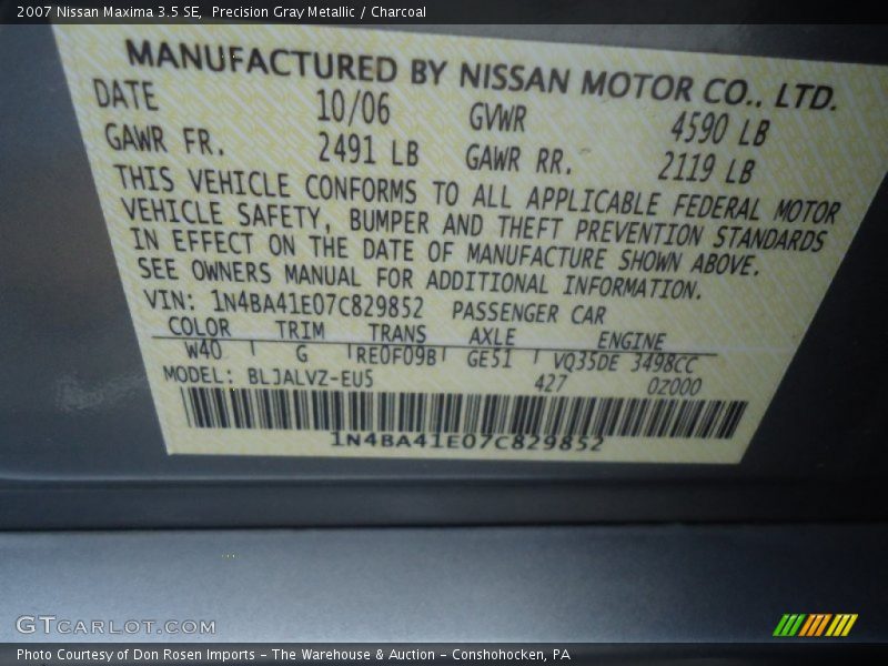 Precision Gray Metallic / Charcoal 2007 Nissan Maxima 3.5 SE