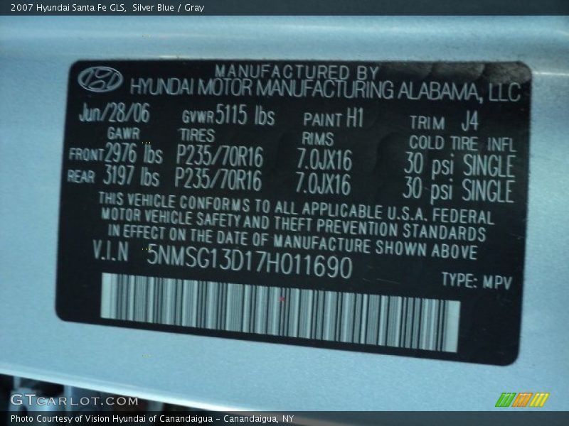 Silver Blue / Gray 2007 Hyundai Santa Fe GLS