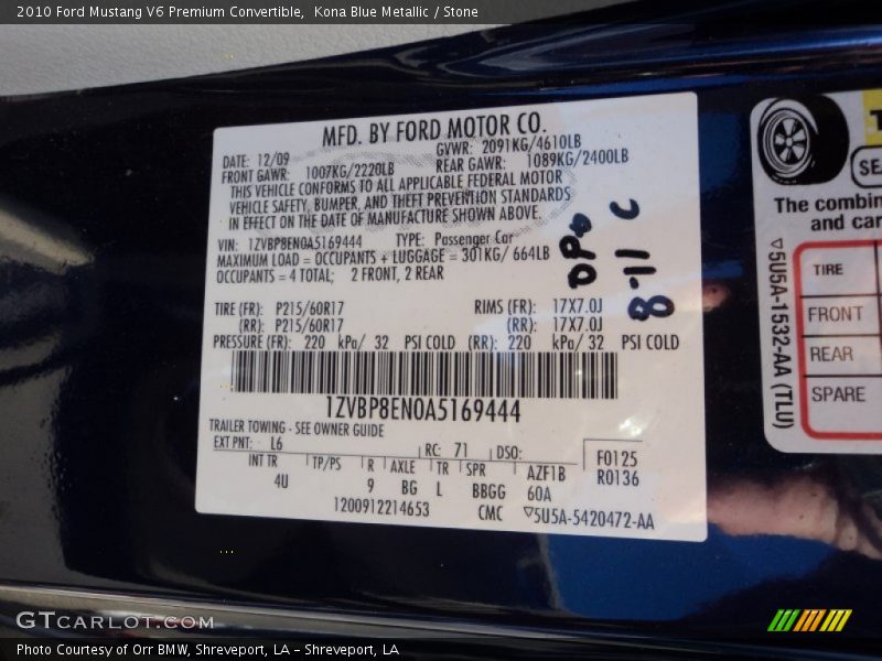 Kona Blue Metallic / Stone 2010 Ford Mustang V6 Premium Convertible