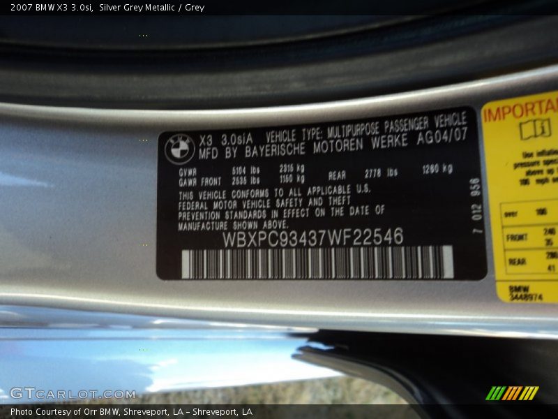 Silver Grey Metallic / Grey 2007 BMW X3 3.0si