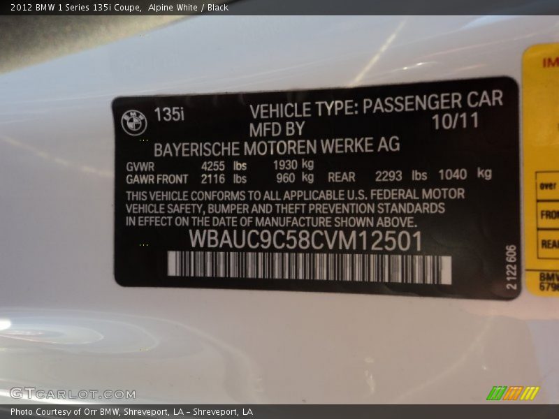 Alpine White / Black 2012 BMW 1 Series 135i Coupe