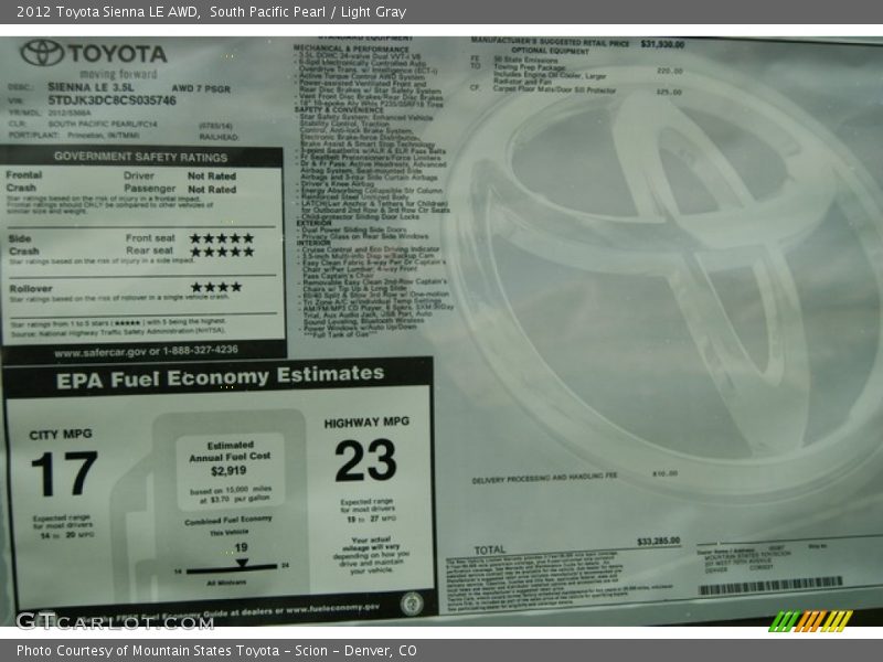 South Pacific Pearl / Light Gray 2012 Toyota Sienna LE AWD