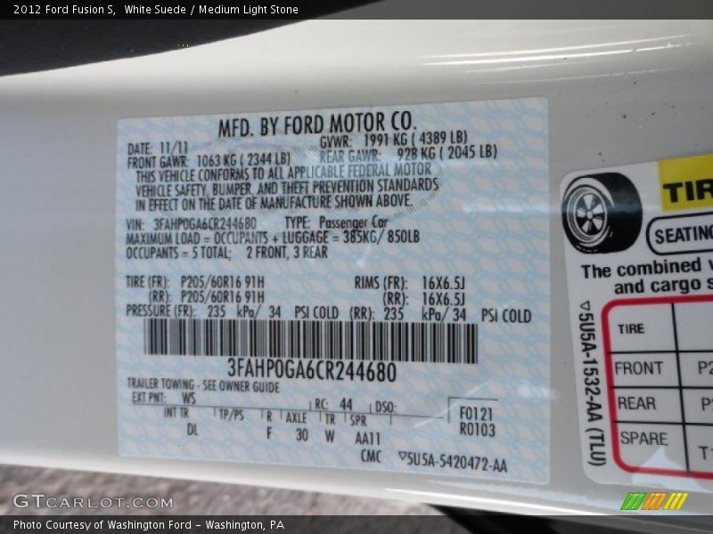 White Suede / Medium Light Stone 2012 Ford Fusion S