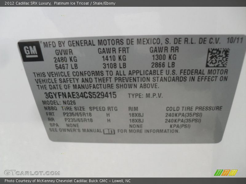 Platinum Ice Tricoat / Shale/Ebony 2012 Cadillac SRX Luxury