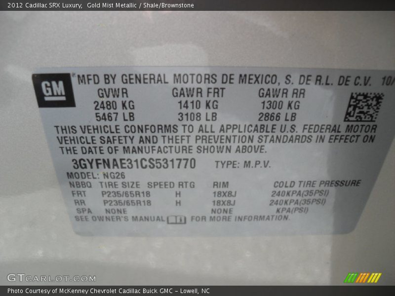 Gold Mist Metallic / Shale/Brownstone 2012 Cadillac SRX Luxury