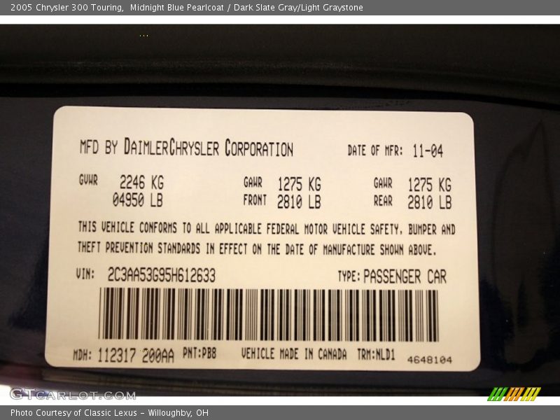 2005 300 Touring Midnight Blue Pearlcoat Color Code PB8
