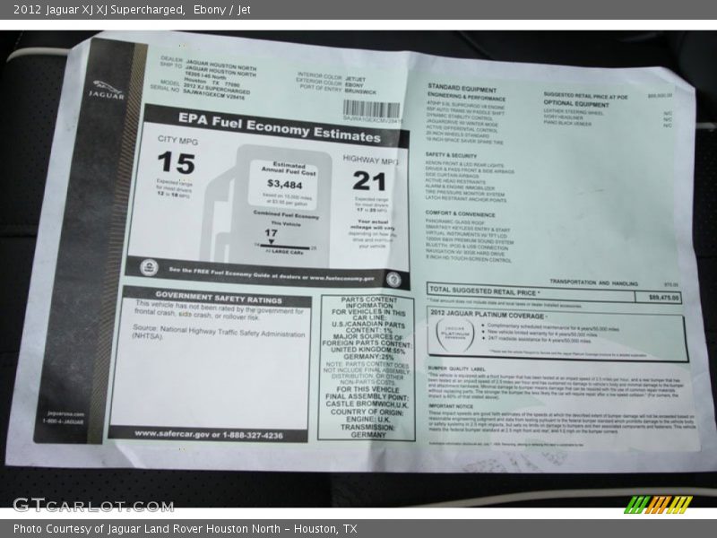  2012 XJ XJ Supercharged Window Sticker