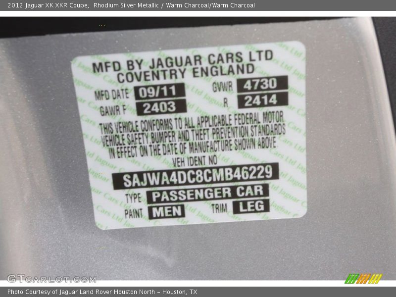2012 XK XKR Coupe Rhodium Silver Metallic Color Code MEN