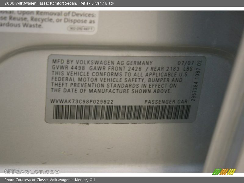 Reflex Silver / Black 2008 Volkswagen Passat Komfort Sedan