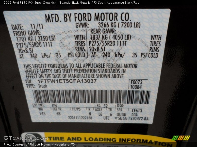 2012 F150 FX4 SuperCrew 4x4 Tuxedo Black Metallic Color Code UH