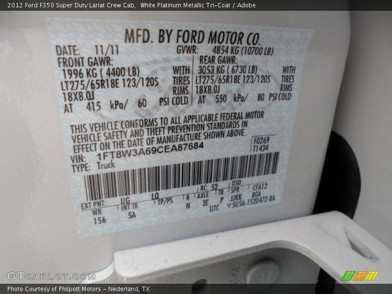 2012 F350 Super Duty Lariat Crew Cab White Platinum Metallic Tri-Coat Color Code UG