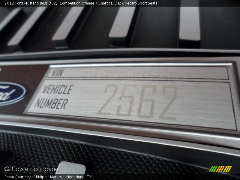 Info Tag of 2012 Mustang Boss 302