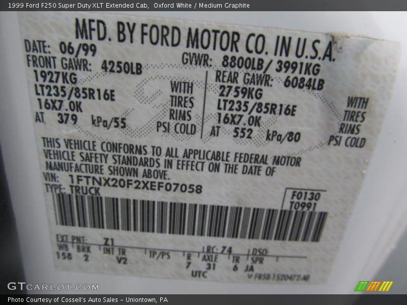 1999 F250 Super Duty XLT Extended Cab Oxford White Color Code Z1