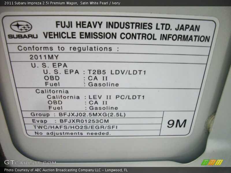 Info Tag of 2011 Impreza 2.5i Premium Wagon