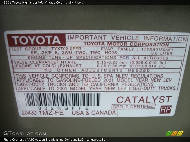 Vintage Gold Metallic / Ivory 2001 Toyota Highlander V6
