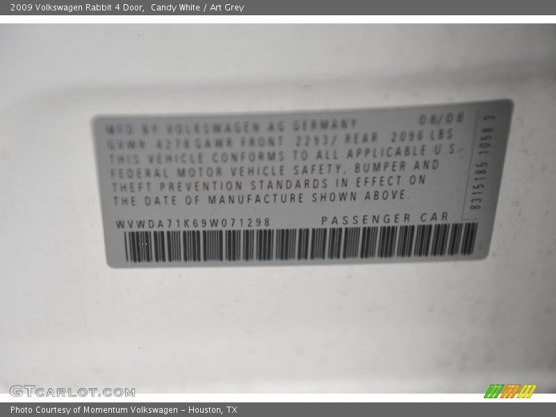 Candy White / Art Grey 2009 Volkswagen Rabbit 4 Door