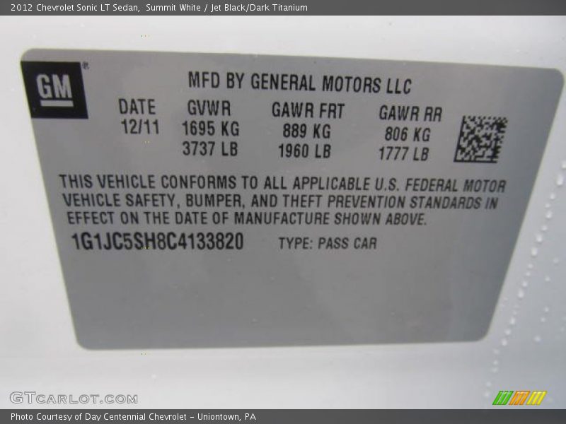 Summit White / Jet Black/Dark Titanium 2012 Chevrolet Sonic LT Sedan