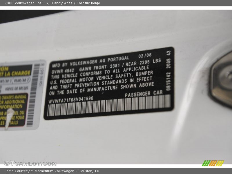 Candy White / Cornsilk Beige 2008 Volkswagen Eos Lux